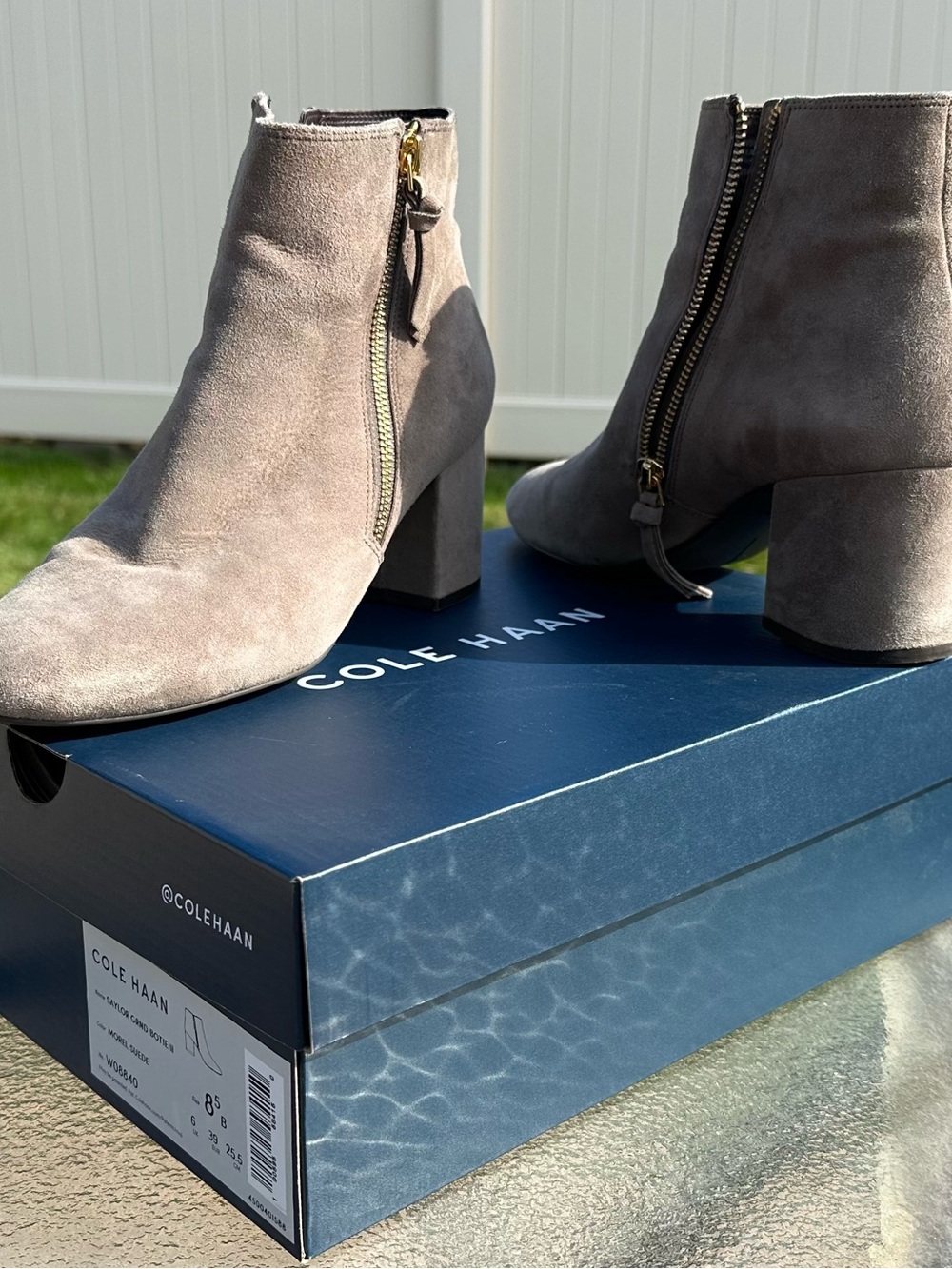Cole Haan Taupe Suede Side-Zip Block Heel Ankle Boots